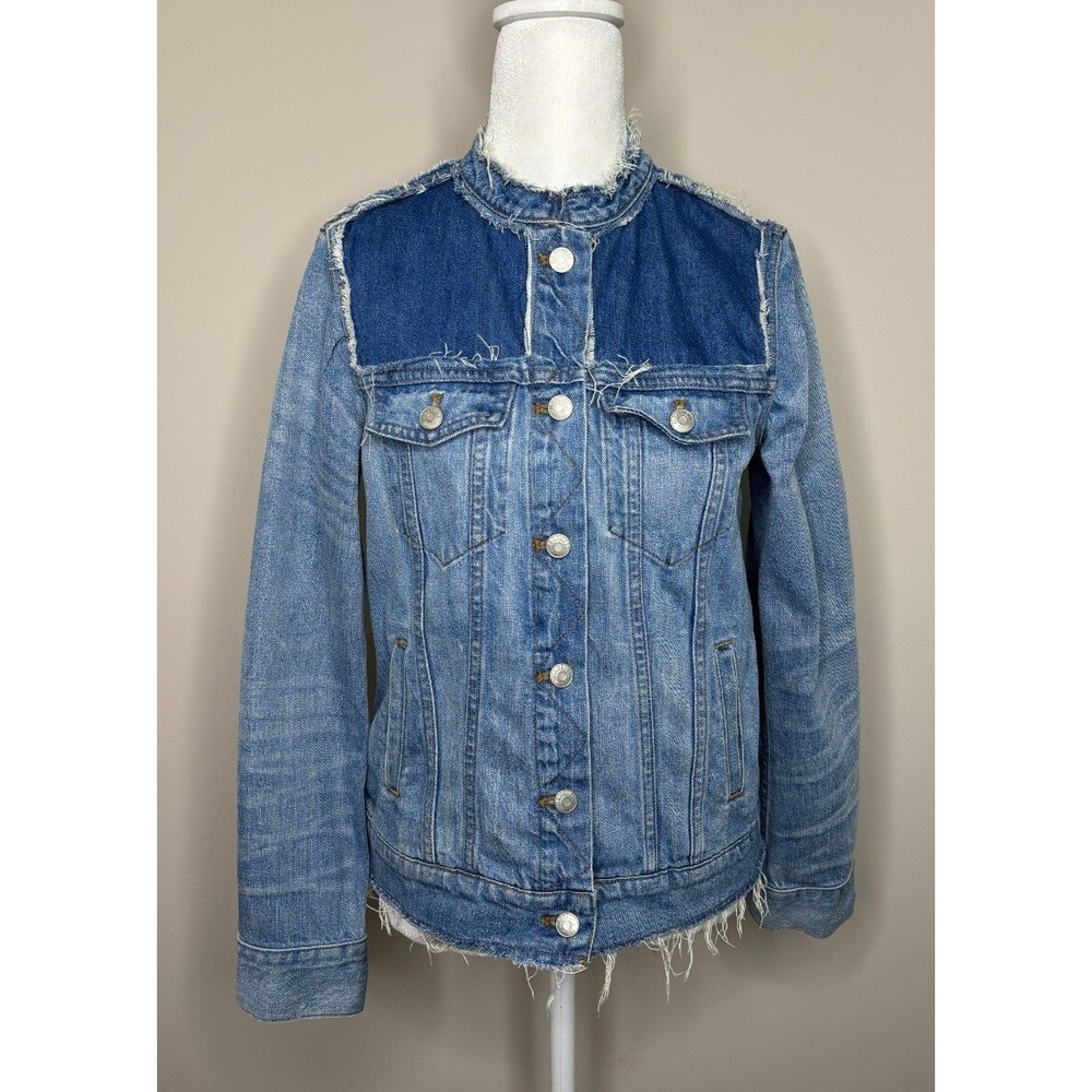 Madewell Two Tone Frayed Denim Jacket Blue Collarless Size M Chic Fall Casual